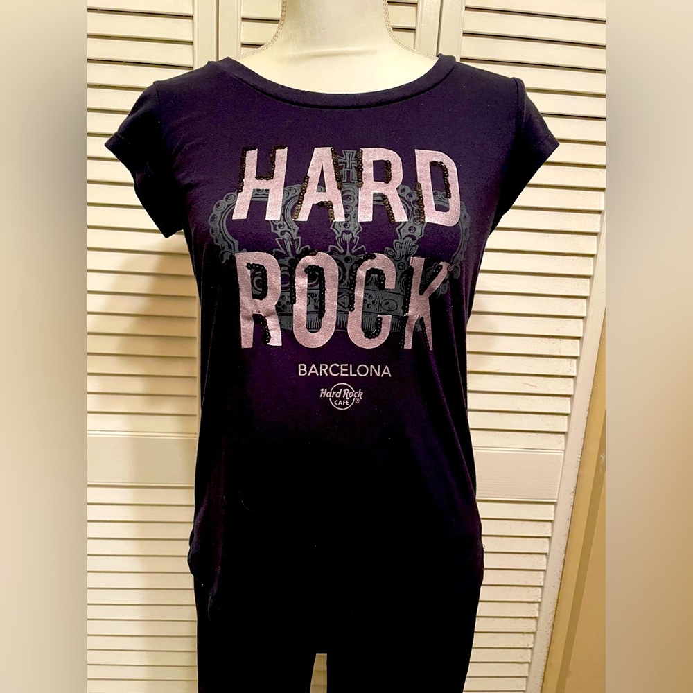 Black “Hard Rock” tshirt.  Black and gray with sequins.